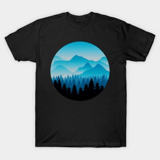 Vintage Blue Mountain and Forest Scene Silhouette T-Shirt